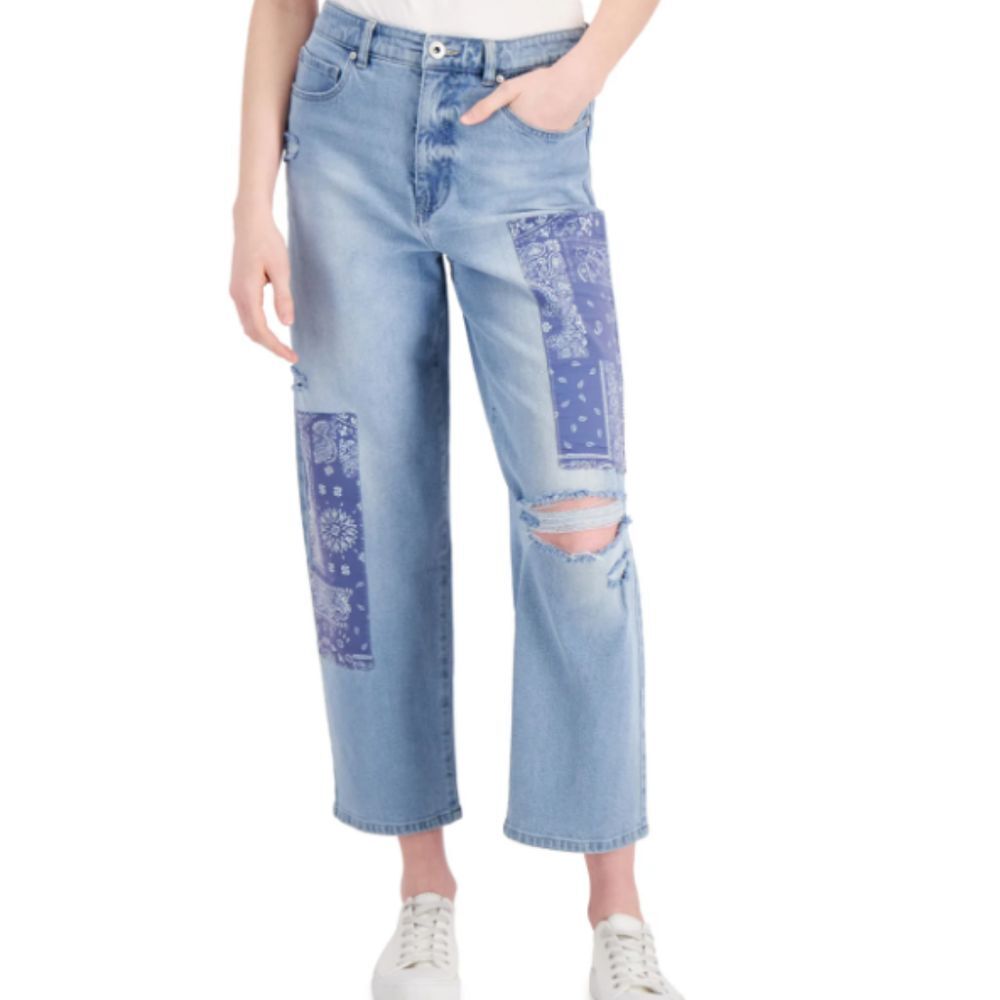 Women's Vintage‎ Straight Mom Jeans Size 8 Bandana Patchwork  Roses Cropped
